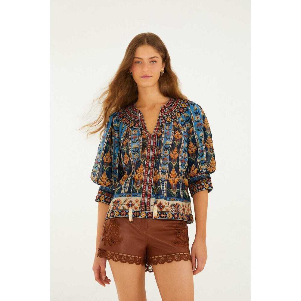 Blue Embroidered Tapestry Tassels Puff Sleeve Blouse